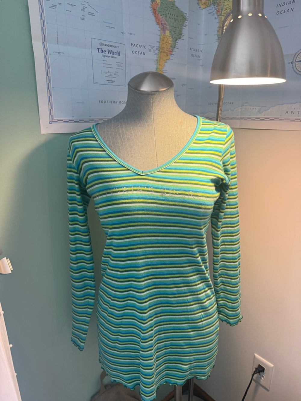 Victoria's Secret Striped V-Neck Long Sleeve Top - Green & Blue